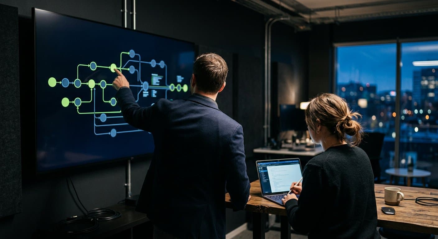 Two VIEQAN engineers reviewing an automation workflow on a large display